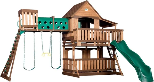 Vista 10 de Backyard Discovery Woodridge Elite, juego de columpios de madera de cedro con tobogán de ola, casa club, túnel de gateo, nido de cuervo, columpios