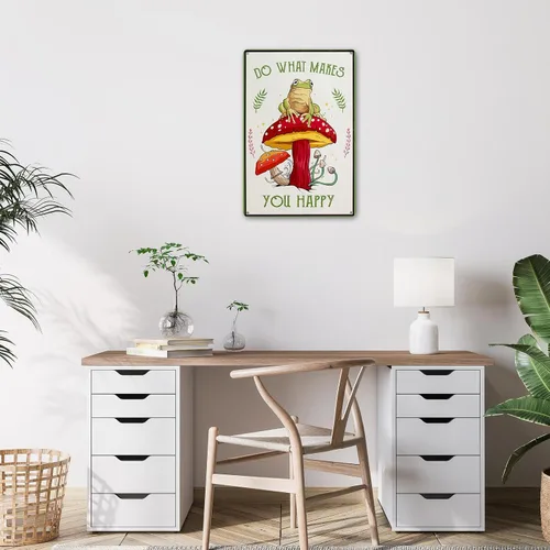 Vista 4 de Divertido letrero de metal con diseño de hongos y rana: bonita decoración de bosque y casa de campo para baño, cocina, dormitorio y hogar, 12 x 8