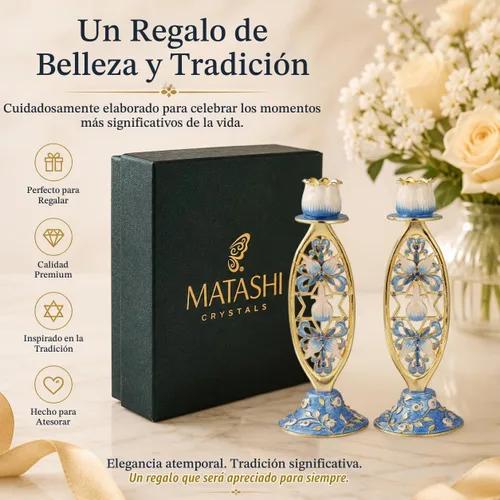 Vista 2 de Matashi Juego de 2 portavelas de Shabat bañados en oro pintados a mano Azul Oscuro
