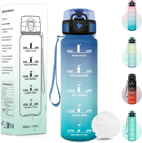 Vista 10 de Botella Agua, 16.9 fl oz Libre de BPA, Botella Agua Niños, Diseño de Cerradura a Prueba de Fugas, cantimplora, Con Marca de Tiempo, Cantimplora