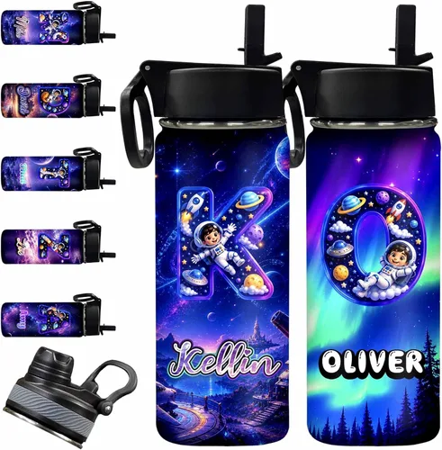 Vista 35 de InterestPrint Botella de agua personalizada para niños de 18 onzas con tapa de pajilla, botella de agua aislada de doble pared de acero inoxidable
