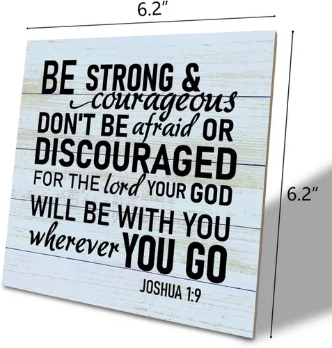 Vista 2 de Letrero de madera religiosa, Joshua 1:9 - Be Strong & Courageous Don't Be Afraid ..., placa de madera, decoración rústica de mesa para el hogar