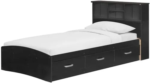 Vista 4 de Pemberly Row Moderna cama de madera tamaño individual con cajones, acabado negro, madera fabricada, cabecera de estantería, resistente a