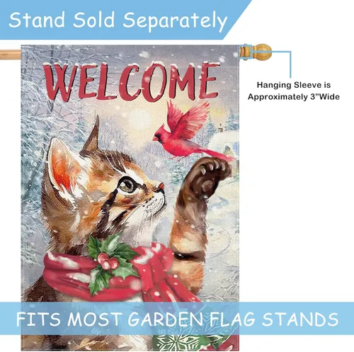 Vista 4 de Selmad Bandera decorativa de bienvenida con gato atigrado de invierno, diseño de pájaro rojo de Navidad, decoración exterior de arpillera grande