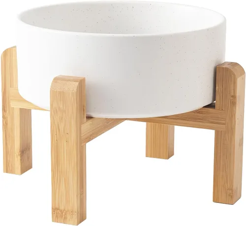 Vista 11 de Cuenco elevado de cerámica de 6 pulgadas para perros – Cuenco de comida y agua para perros de 30 onzas con soporte elevado de bambú antideslizante