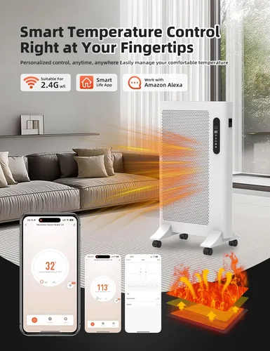 Vista 2 de Mica - Calentador infrarrojo de espacio, 1500W. Calentador de panel portátil para uso en interiores, habitación grande, WiFi, aplicación inteligente
