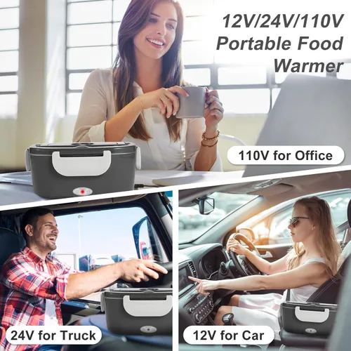 Vista 6 de SOHIDA Fiambrera eléctrica, calentador de alimentos portátil de 12 V/24 V/110 V con tenedor SS y cuchara para coche/camión/oficina, lonchera