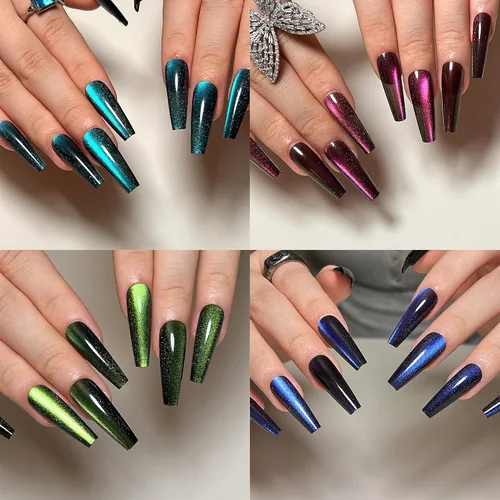 Vista 23 de Uñas postizas a presión largas, con brillo azul y diseño, acabado acrílico brillante, de cobertura completa, uñas postizas reutilizables para l002