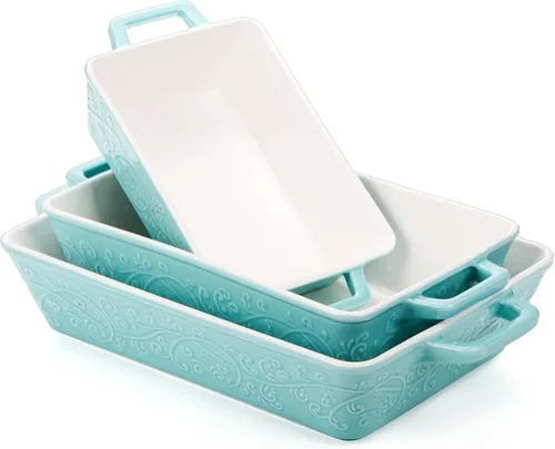 Vista 3 de Okllen Juego de 3 cazuelas para horno, platos de cerámica para hornear con asas, sartén rectangular para lasaña para hornear, asar, gratinar, regalo