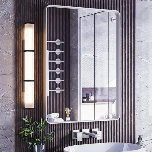 Vista 40 de ISKM Espejo con marco negro para pared de 20 x 16 pulgadas, espejo de tocador de baño antioxidante, vidrio templado, espejo rectangular redondeado