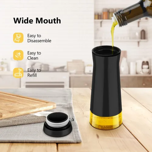 Vista 3 de Aelga Juego de 2 dispensadores de aceite y vinagre negro – Paquete de 2 botellas dispensadoras de aceite para cocina sin goteo, decoración de cocina