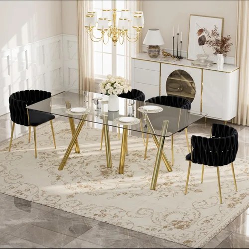 Vista 2 de Glam Style - Juego de 5 mesas de comedor para 4, mesa de comedor rectangular de vidrio templado de 71 pulgadas con base de metal dorado, sillas