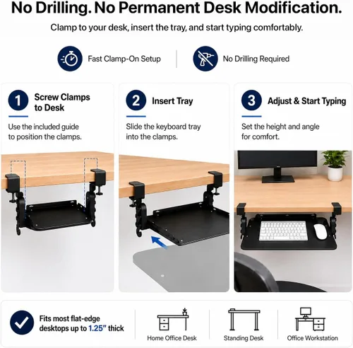 Vista 12 de Bandeja ergonómica para teclado debajo del escritorio con abrazadera deslizante (negro)