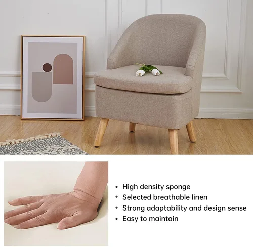 Vista 6 de Bonita silla tapizada color beige con estilo de barril, sofá individual redondo de tela similar al lino de algodón para patas de madera, sala