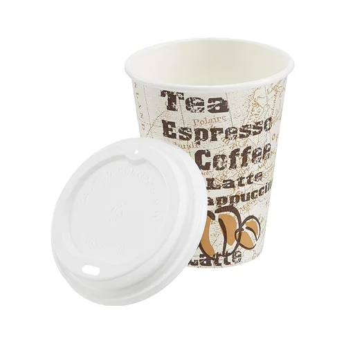Vista 2 de Amazon Basics - Tazas de papel para café caliente con tapas para llevar, 12 onzas, diseño de café, desechables, paquete de 100