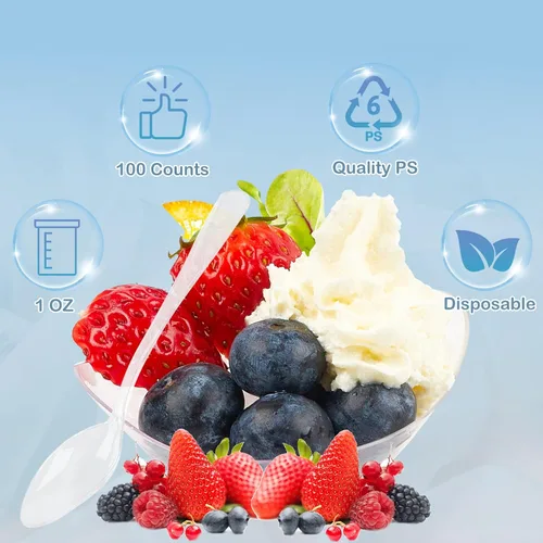 Vista 3 de TOFLEN Mini platos de postre de 100 unidades con cucharas de degustación, 3-1/8 x 2-5/8 pulgadas, pequeños platos de plástico transparente