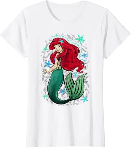 Vista 23 de Disney The Little Mermaid - Camiseta con notas musicales de Ariel, talla S Blanco