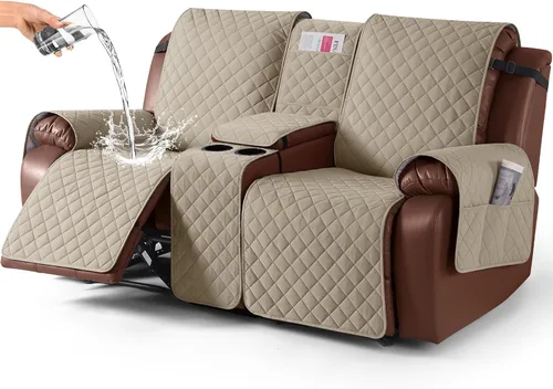 Vista 8 de KinCam Funda 100% Impermeable para Loveseat Reclinable con Consola, Fundas Antideslizantes para Sofá Reclinable de 2 Asientos, Funda para Sofá