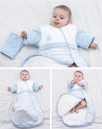 Vista 4 de Saco de dormir orgánico para bebé, manta de manga desmontable, azul, doble capa para 68-77℉