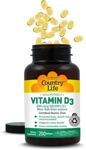 Vista 9 de Country Life Vitamina D3 10,000 UI – Fuente de alta potencia sin pescado – Apoyo óseo e inmunológico – Certificado sin gluten – 200 cápsulas blandas