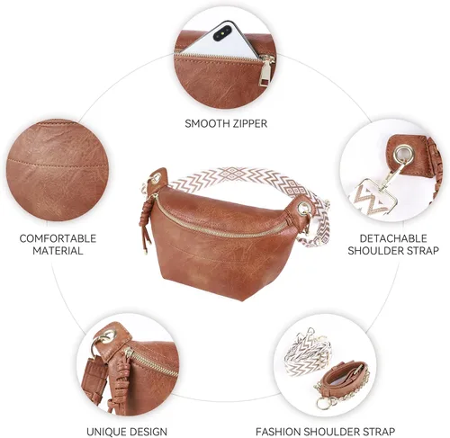 Vista 4 de Riñoneras para mujer, bolsos cruzados de moda, bolsos de pecho, bolso de cinturón con 2 correas ajustables, Marrón, Classic