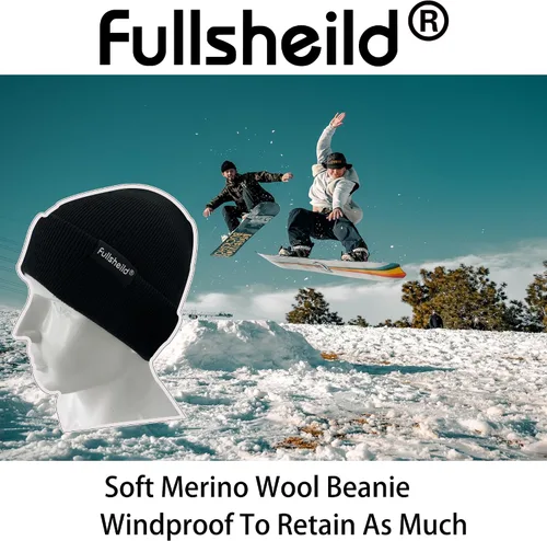 Vista 7 de Gorro de lana merino de punto para hombre y mujer, gorro cálido con puños, para clima frío, esquí, patinaje, negro, talla única
