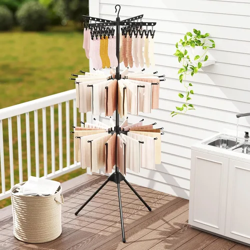 Vista 5 de GIANTEX - Trípode de secado de ropa de 70 pulgadas con 24 clips y 32 varillas, giratorio en 360° 3-Tier Freestanding Folding Laundry Drying Rack