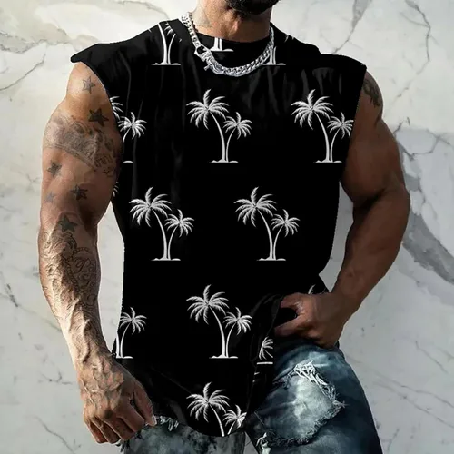 Vista 2 de Camiseta sin mangas con estampado tropical para hombre, elegante camiseta de entrenamiento sin mangas, camiseta deportiva casual de verano, chaleco