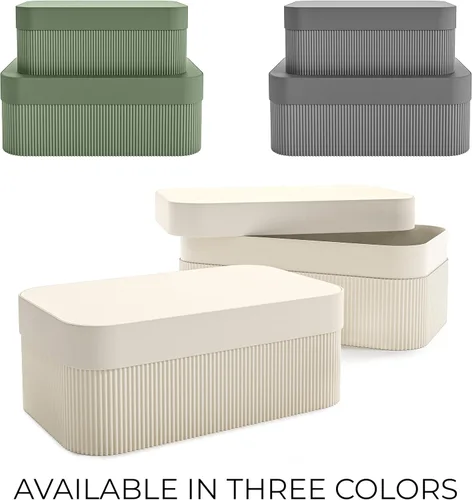 Vista 8 de Cajas de almacenamiento decorativas con tapas: juego de 2 hermosos cubos organizadores de cartón acanalado para la decoración de estanterías de tu