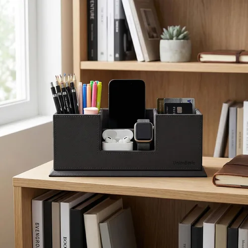 Vista 3 de UnionBasic - Organizador de escritorio de cuero sintético con 4 compartimentos, para tarjetas, bolígrafos, lápices, teléfonos celulares, suministros