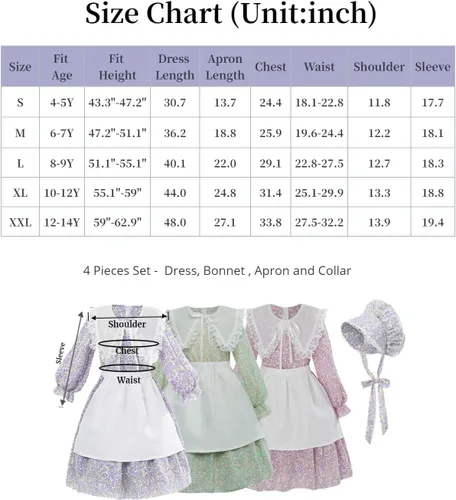 Vista 6 de Nuoqi Vestidos de pionera para niñas, disfraz colonial de Laura Ingalls Wilder
