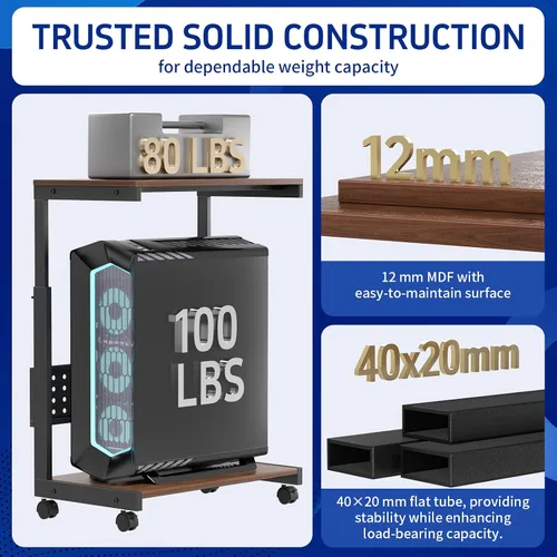 Vista 5 de [Usado] Soporte de torre para computadora/soporte de torre de PC con ruedas, doble nivel y carrito de soporte de CPU ajustable de 5 niveles Nogal
