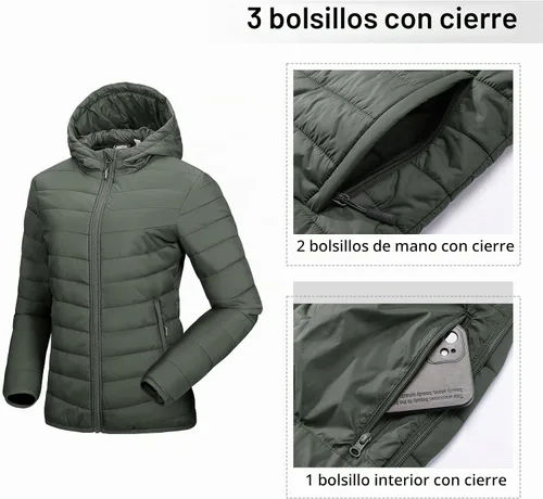 Vista 3 de Outdoor Ventures Chaqueta Puffer Ligera Empacable para Mujer con Cremallera Completa y Capucha, Abrigo de Invierno Acolchado Verde militar
