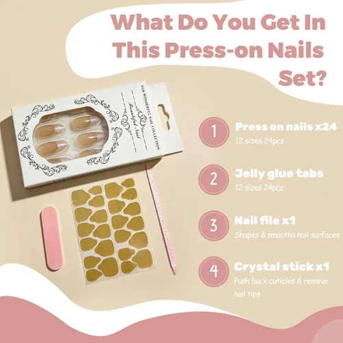 Vista 5 de Uñas postizas medianas a presión con forma de almendra y nude K-Nude