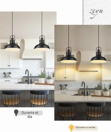 Vista 4 de zeyu Lámpara colgante industrial de 1 luz, lámpara colgante de 11 pulgadas para isla de cocina, pantalla de cúpula de metal en acabado negro mate