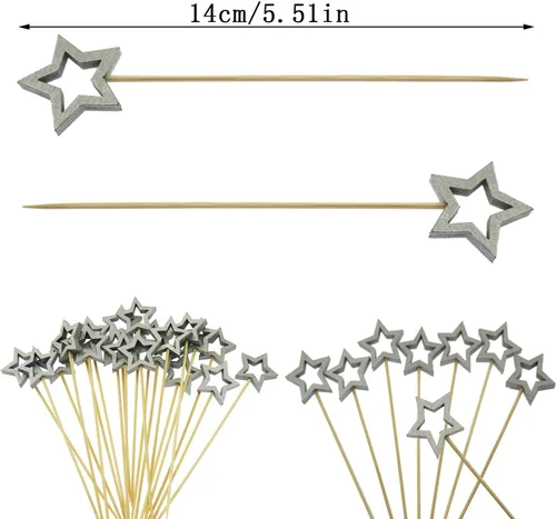 Vista 2 de Star Cocktail Pick yyangz - 100 púas de cóctel de bambú en forma de estrella plateada, palillos de dientes de Navidad para aperitivo, barbacoa