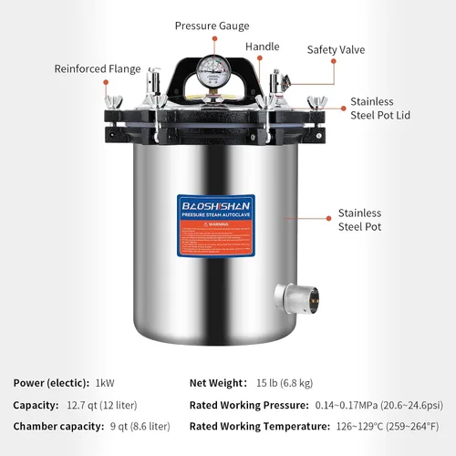 Vista 6 de BAOSHISHAN Autoclave portátil 1KW 110V de la presión del acero inoxidable de 12,7 QT de la autoclave del vapor 12,7 QT