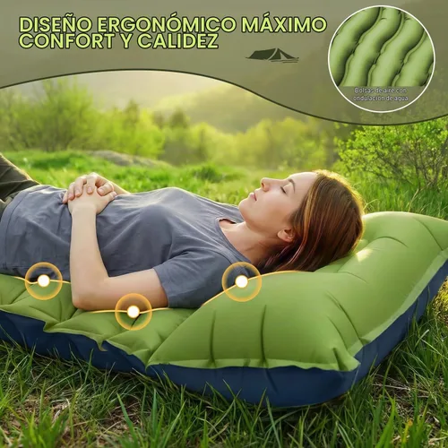 Vista 3 de FUN PAC Colchoneta de dormir para camping, ultraligera con almohada, bomba de pie integrada, almohadillas inflables compactas para acampar, Verde