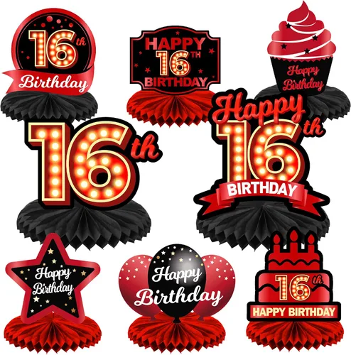 Vista 41 de Feliz 45 cumpleaños rojo y negro centros de mesa de panal de abeja decoraciones de globos decoración de mesa centros de mesa para niñas mujeres