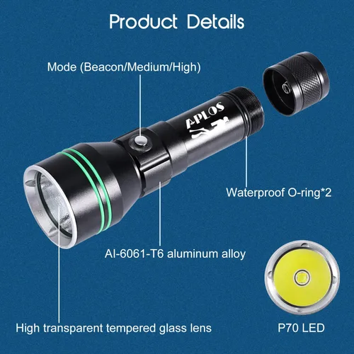 Vista 9 de APLOS AP50 Linterna de Buceo, Antorcha de Buceo 5000 Lúmenes Super Brillante, IPX8 Impermeable para Buceo Nocturno Bajo el Agua, Luz Sumergible