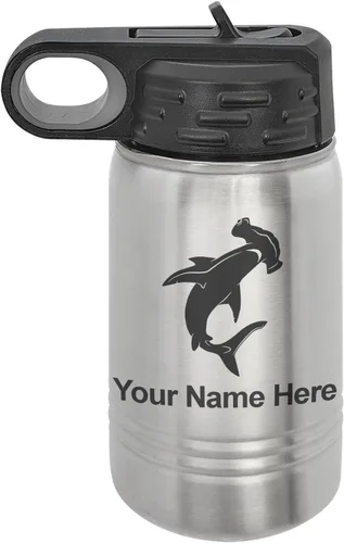 Vista 43 de LaserGram Botella de agua personalizada, tiburón martillo, acero inoxidable de doble pared aislada al vacío con popote superior, regalo grabado