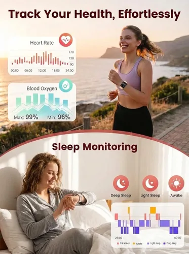 Vista 3 de SKG Reloj inteligente, rastreador de actividad física con 5 ATM, impermeable, monitor de salud para frecuencia cardíaca, oxígeno en sangre, sueño
