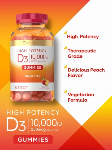 Vista 4 de Carlyle Gomitas de vitamina D3 10000iu para adultos 80 unidades Gomitas con sabor a melocotón Alta potencia para mujeres y hombres