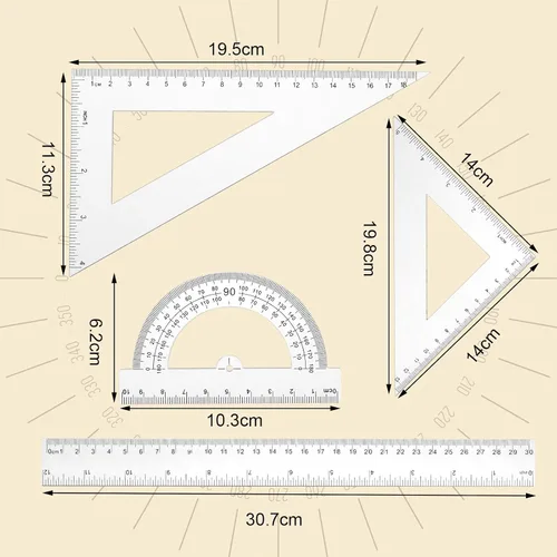 Vista 2 de Thinp El juego de reglas de 4 piezas incluye regla recta de 12 pulgadas, regla triangular y transportadora, herramienta de geometría matemática