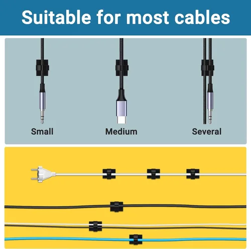 Vista 5 de Segarty Clip para cables, 100 unidades pequeñas de color negro, ideal para organizar cables, autoadhesivas, gestión de cables para colgar cables