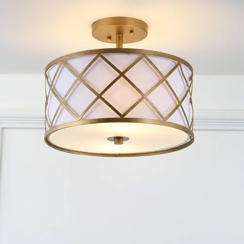 Vista 4 de JONATHAN Y Lámpara de techo LED de metal dorado de 13.25 pulgadas, lámpara de tambor de celosía moderna con pantalla de lino blanco, 2 luces