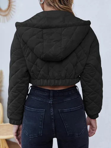 Vista 4 de Fisoew Chaqueta acolchada corta para mujer, con capucha y bolsillos, para invierno