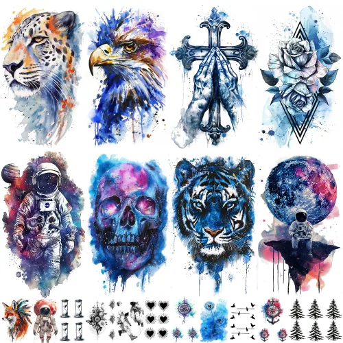 Vista 6 de 10 hojas de tatuajes temporales de acuarela de hermosos animales realistas para adultos, tatuajes estéticos de manga media brazo para mujeres