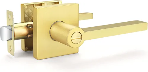 Vista 10 de EHOMEWARE Juego de manijas dobles para puerta delantera, paquete de 1 manija de puerta cuadrada de latón satinado, combinación de perilla de puerta