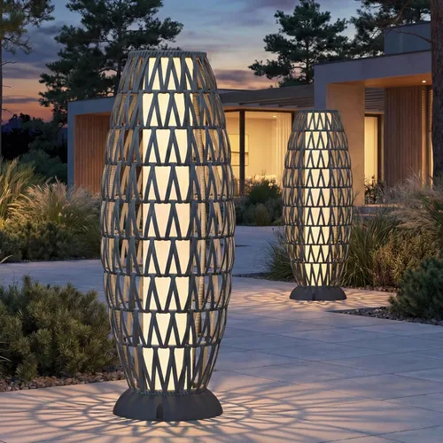 Vista 15 de Solar Yard Lámpara de pie para exteriores, luces de patio, farol con energía solar, resistente a la intemperie, luces de mimbre para terraza